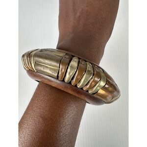 Vintage Wide Chunky Wood And Hammered Tri Color Metal Bangle Bracelet Estate